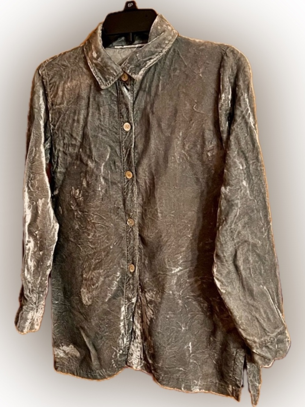 Silver Gray Crushed Velvet Abalone Button Down Blouse Shirt M - Boutique Quality